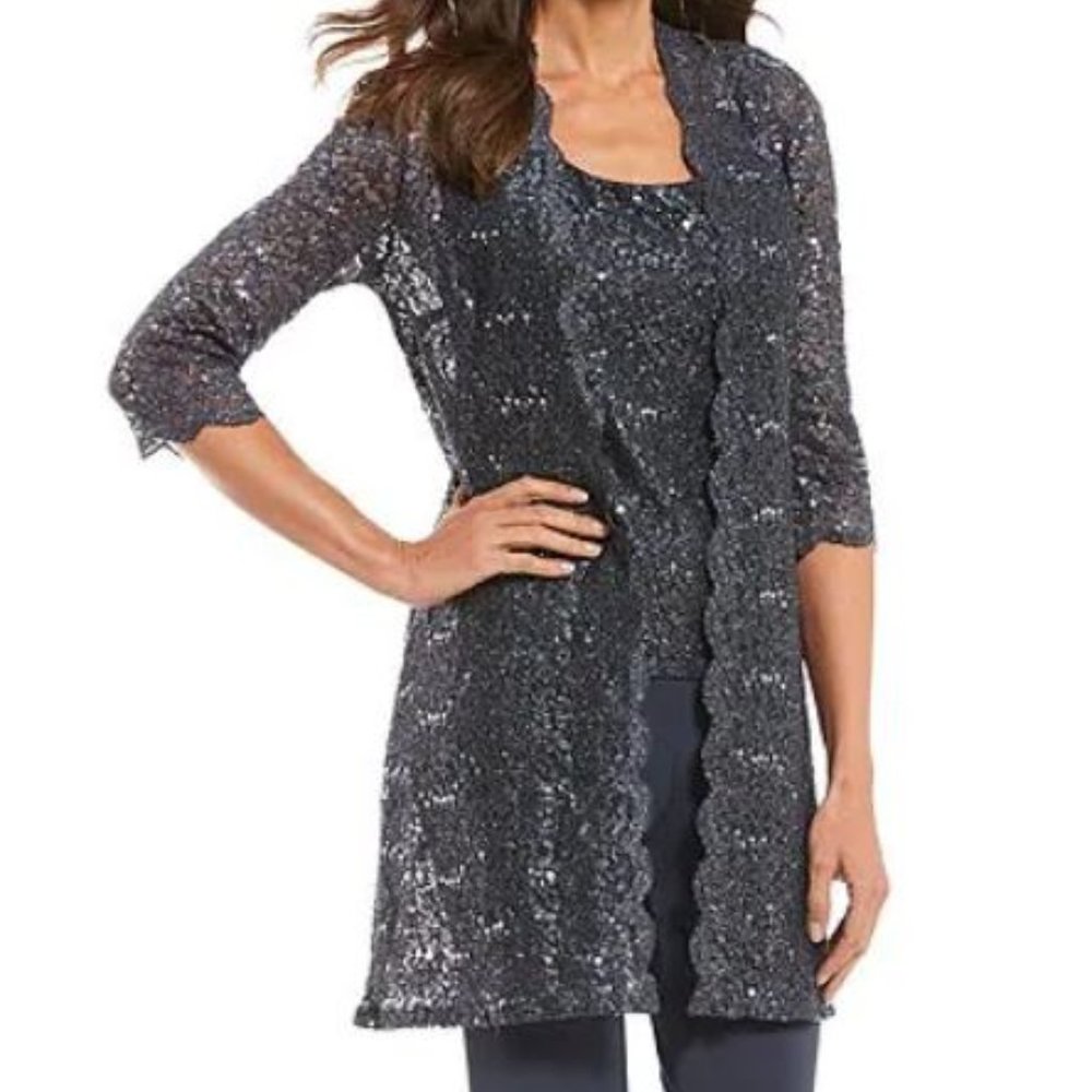 R & M Richards 3-Piece Sequin Glitter Scallop Lace Scoop Neck 3/4 Sleeve Duster